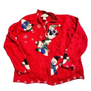 Tiara International Red Snowman Ugly‎ Christmas Sweater Jacket Women's Size S